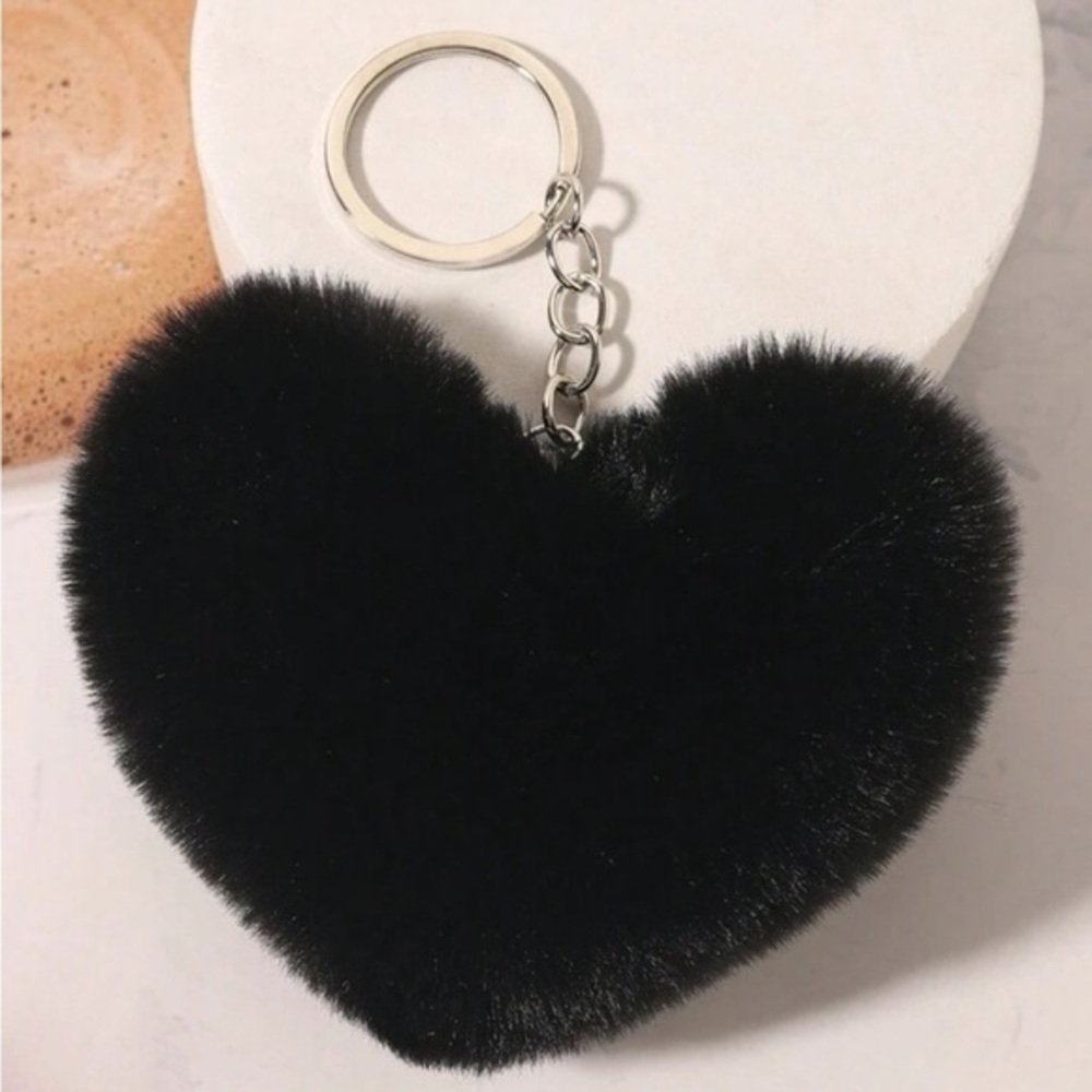 Fluffy Black Heart Keychain Keyring BRAND NEW Stocking Stuffer - Picture 1 of 6